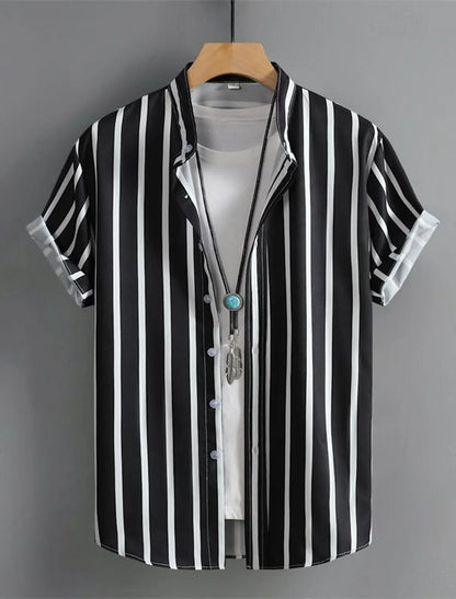 Men's Shirt Button Up Shirt Casual Shirt Summer Shirt Beach Shirt  Short Sleeve Striped Band Collar Hawaiian Clothing Fashion