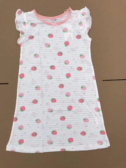 Girl Strawberry Prints Nightgown Dress Cotton Soft Breathable Kids Sleep Wear Quality Home Wear Size 110-170