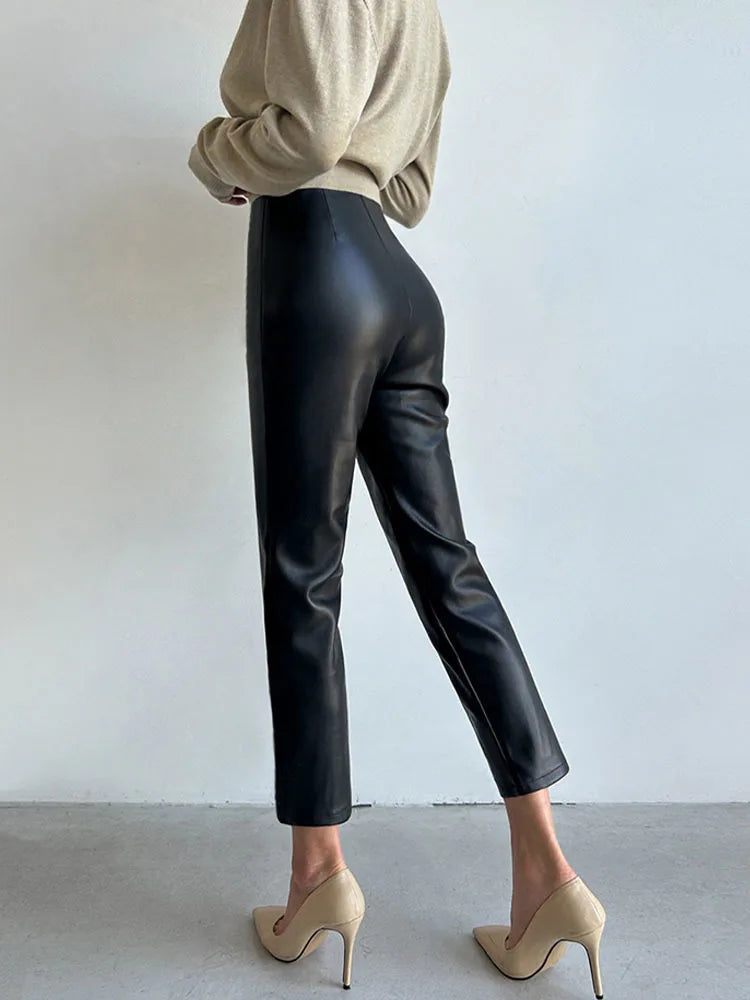 PU Autumn Winter Leather Pencil Pant Women Bodycon Fashion Office High Waist Ladies Trousers Casual Woman Pants