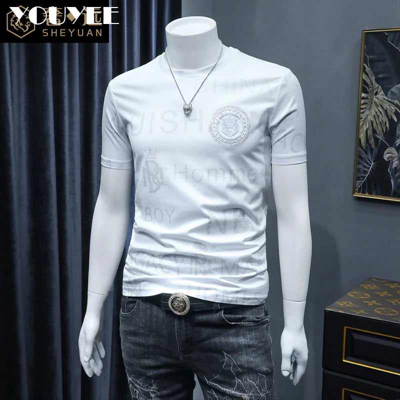 Short Sleeve T-shirt Men's Slim Embroidered Light Luxury New Trend Summer Round Neck Male Tees Top Man Wear Clothing M-4XL