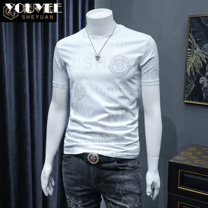 Short Sleeve T-shirt Men's Slim Embroidered Light Luxury New Trend Summer Round Neck Male Tees Top Man Wear Clothing M-4XL