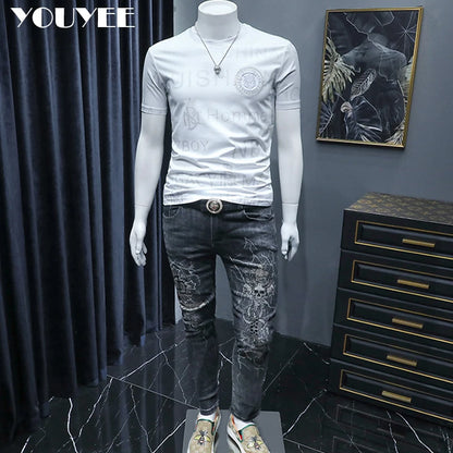 Short Sleeve T-shirt Men's Slim Embroidered Light Luxury New Trend Summer Round Neck Male Tees Top Man Wear Clothing M-4XL