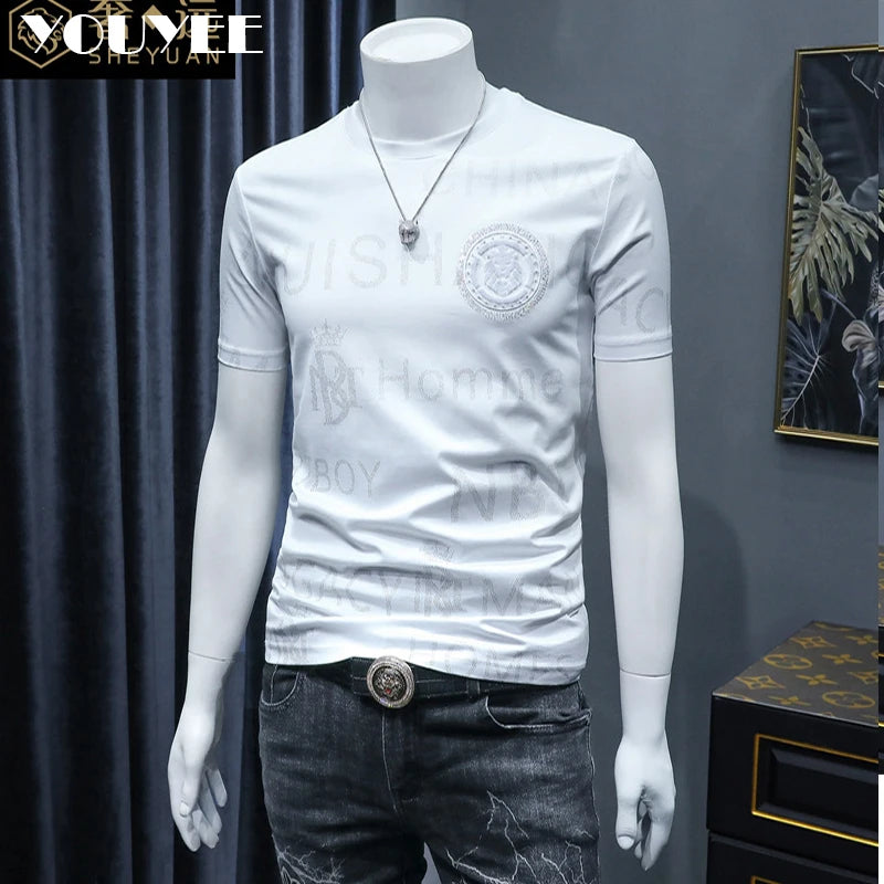 Short Sleeve T-shirt Men's Slim Embroidered Light Luxury New Trend Summer Round Neck Male Tees Top Man Wear Clothing M-4XL