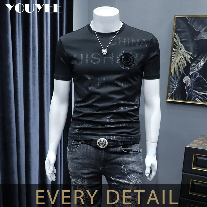 Short Sleeve T-shirt Men's Slim Embroidered Light Luxury New Trend Summer Round Neck Male Tees Top Man Wear Clothing M-4XL