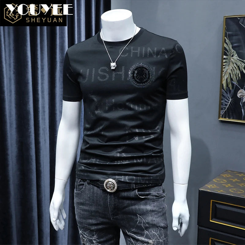Short Sleeve T-shirt Men's Slim Embroidered Light Luxury New Trend Summer Round Neck Male Tees Top Man Wear Clothing M-4XL