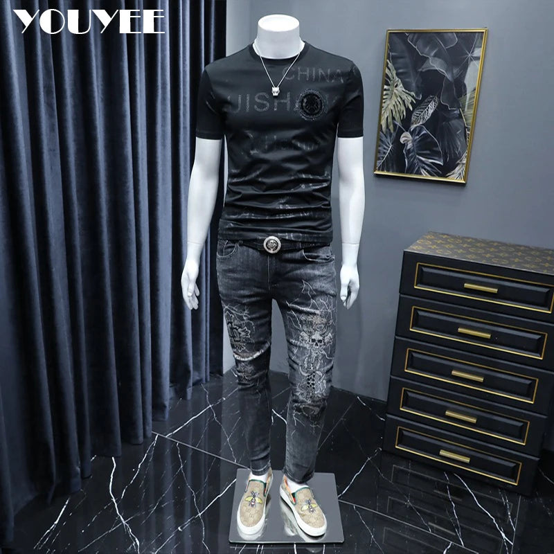 Short Sleeve T-shirt Men's Slim Embroidered Light Luxury New Trend Summer Round Neck Male Tees Top Man Wear Clothing M-4XL