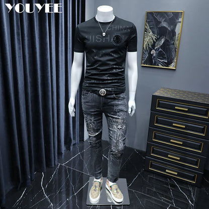 Short Sleeve T-shirt Men's Slim Embroidered Light Luxury New Trend Summer Round Neck Male Tees Top Man Wear Clothing M-4XL