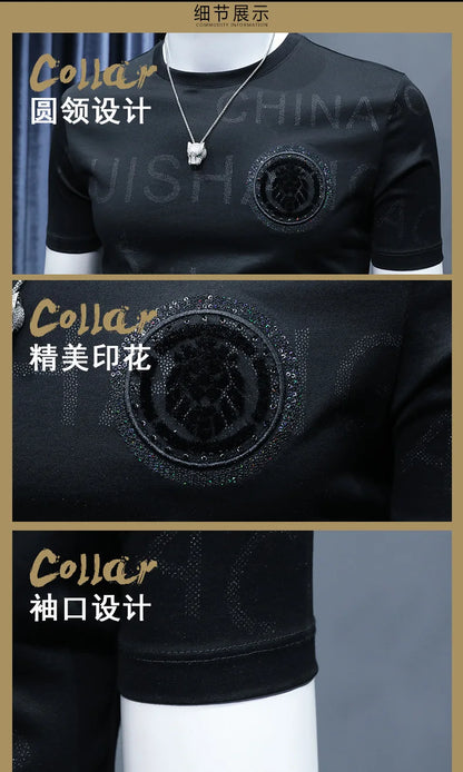 Short Sleeve T-shirt Men's Slim Embroidered Light Luxury New Trend Summer Round Neck Male Tees Top Man Wear Clothing M-4XL
