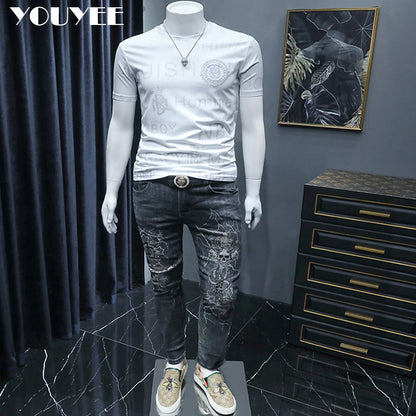 Short Sleeve T-shirt Men's Slim Embroidered Light Luxury New Trend Summer Round Neck Male Tees Top Man Wear Clothing M-4XL