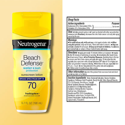 Neutrogena Beach Defense Sunscreen Lotion SPF 70 Broad Spectrum UVA UVB Protection Lightweight Water Resistant up to 80 Minutes Beach-Strength Sun Protection for Whole Family, 6.7 Fl Oz